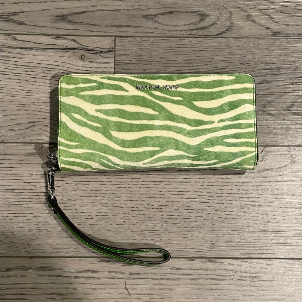 Michael Kors Green and White Zebra Wristlet